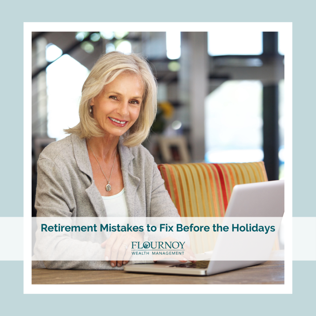 photo: Older woman sitting at her computer smiling. "Retirement Mistakes to Fix Before the Holidays"
